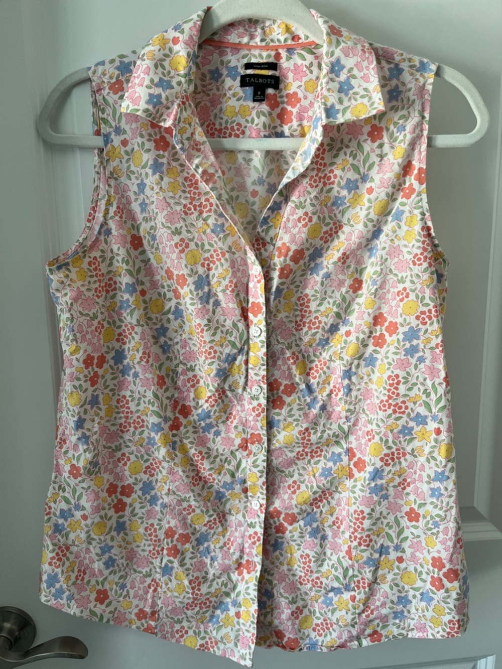 Talbots Pastel Floral Sleeveless Button-Down Shirt Cotton /2%Spandex SZ 8